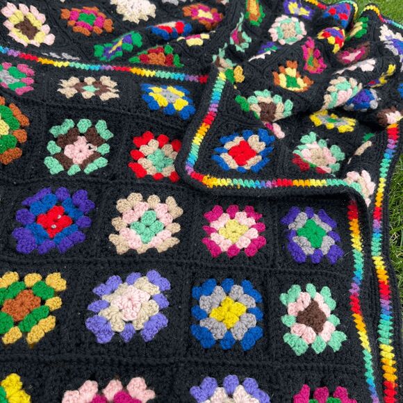 Handmade Crochet Afghan Granny Square Blanket Black Rainbow Edge Retro Boho Thro - Picture 7 of 13